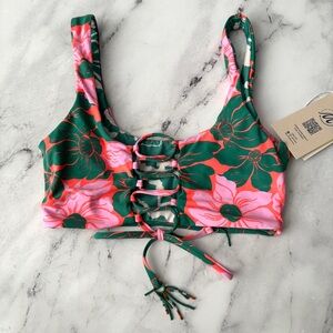 Maaji Pink Coral & Green Floral Lace-Up Bikini Top